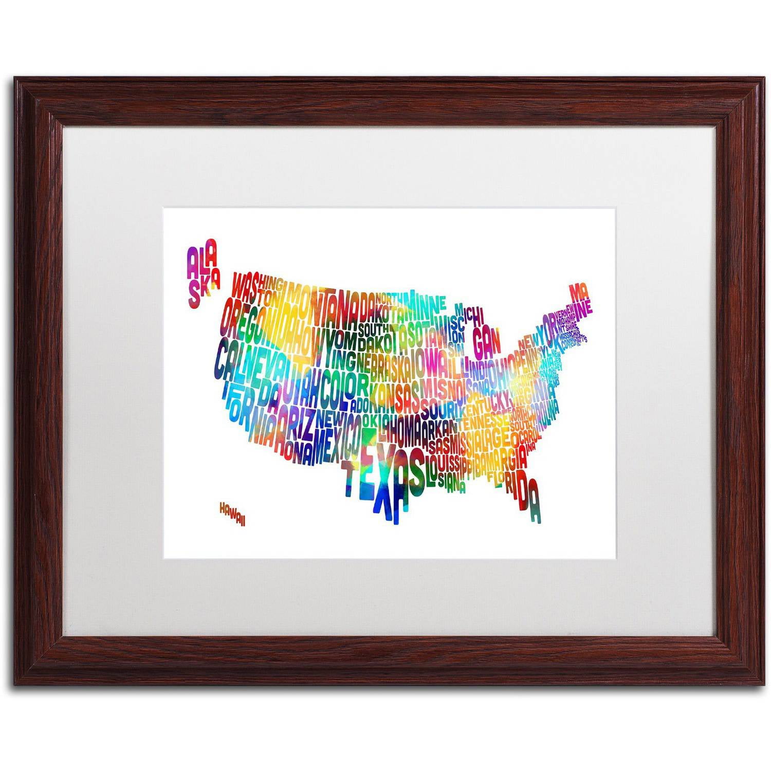 Trademark Fine Art 'United States Typography Map 2' Canvas Art by Michael Tompsett, White Matte, Wood Frame