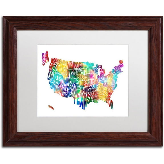 Trademark Fine Art 'United States Typography Map 2' Canvas Art by Michael Tompsett, White Matte, Wood Frame