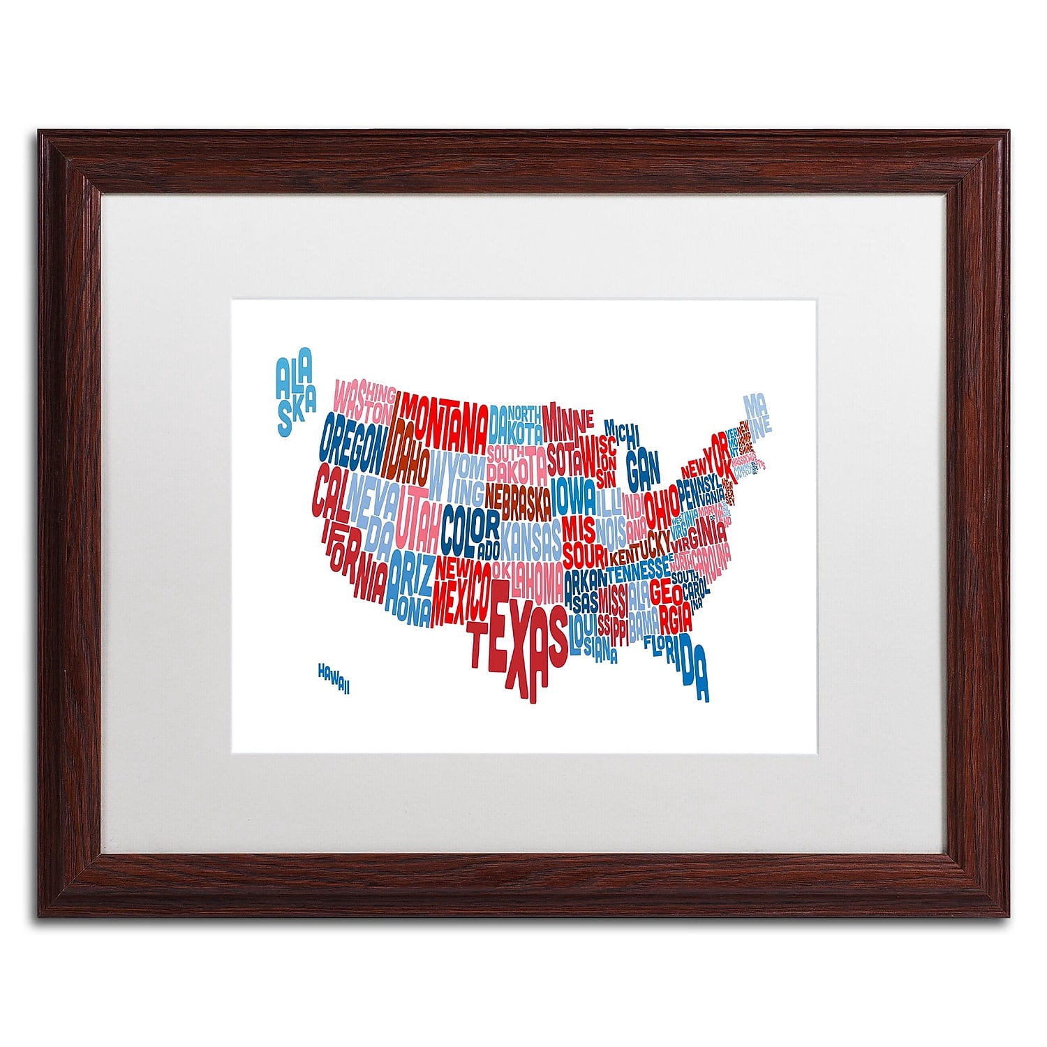 Trademark Fine Art 'United States Typography Text Map' Canvas Art by Michael Tompsett, White Matte, Wood Frame