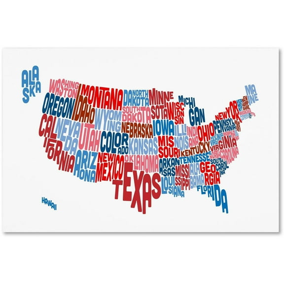 Trademark Fine Art "United States Typography Text Map" Canvas Art by Michael Tompsett