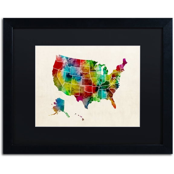 Trademark Fine Art 'United States Watercolor Map 2' Canvas Art by Michael Tompsett, Black Matte, Black Frame
