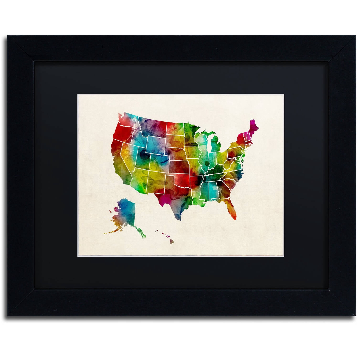 Trademark Fine Art 'United States Watercolor Map 2' Canvas Art by Michael Tompsett, Black Matte, Black Frame