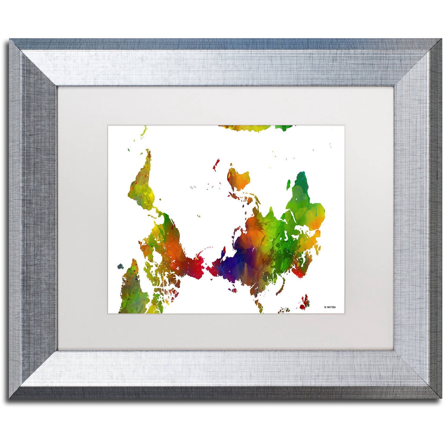 Trademark Fine Art "Upside Down Map of the World Clr 1" Canvas Art by Marlene Watson, White Matte, Silver Frame