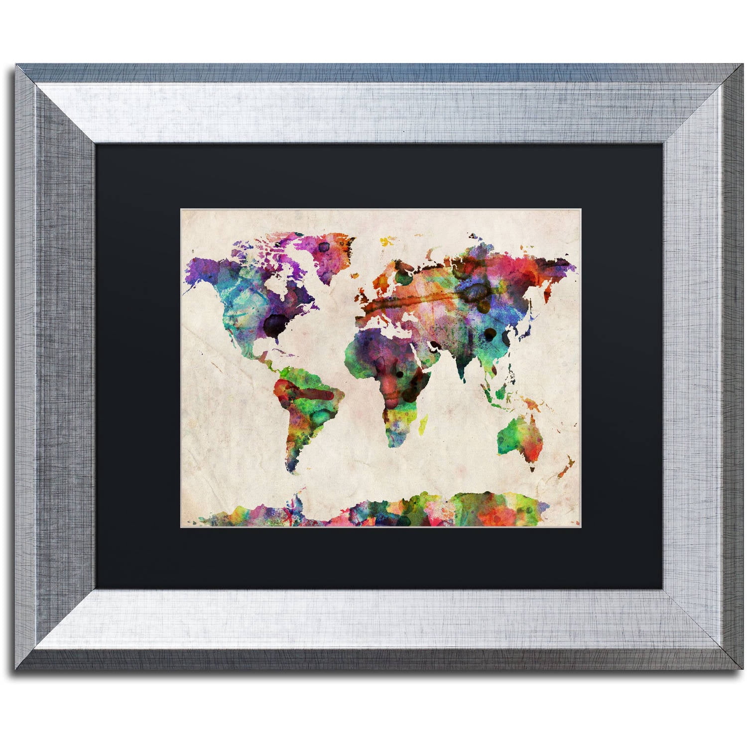 Trademark Fine Art ''Urban Watercolor World Map'' by Michael Tompsett 16" x 20" Black Matted Silver Frame (MT0013-S1620BMF)