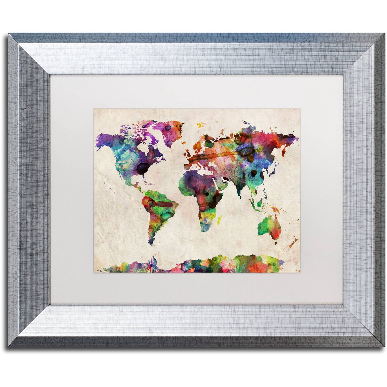 Trademark Fine Art ''Urban Watercolor World Map'' by Michael Tompsett 16" x 20" White Matted Silver Frame (MT0013-S1620MF)