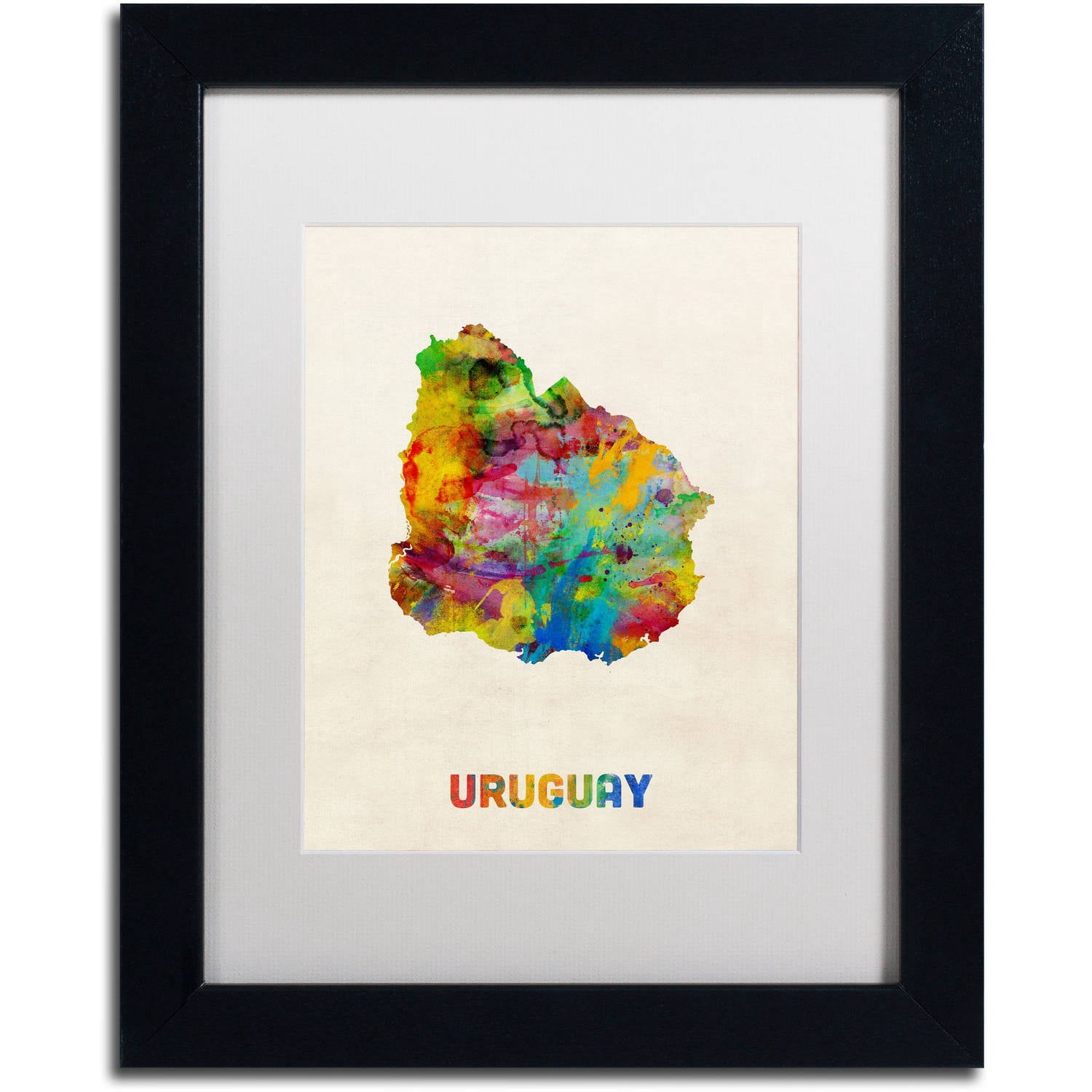 Trademark Fine Art "Uruguay Watercolor Map" Canvas Art by Michael Tompsett White Matte, Black Frame