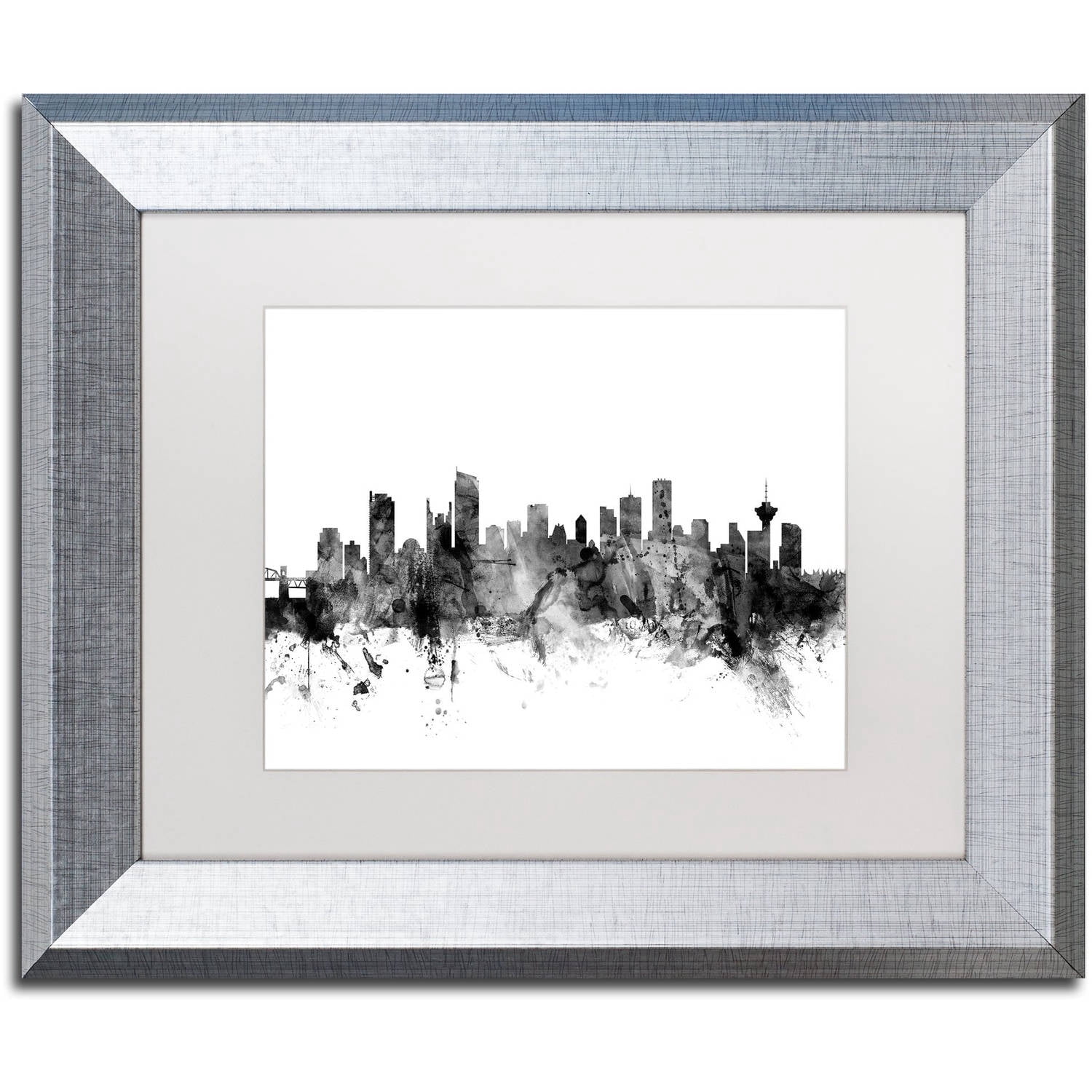 Trademark Fine Art "Vancouver Canada Skyline B&W" Canvas Art by Michael Tompsett, White Matte, Silver Frame