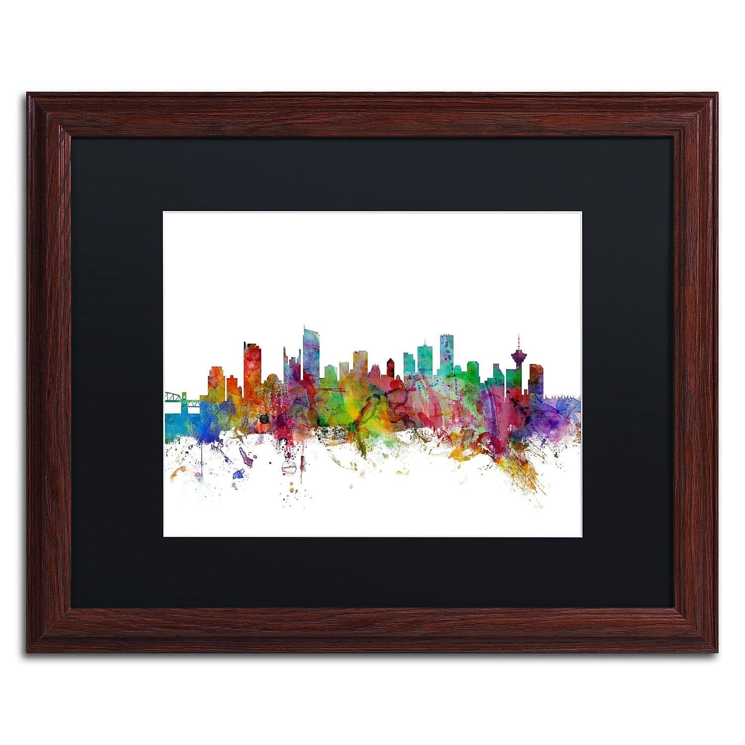 Trademark Fine Art "Vancouver Canada Skyline" Canvas Art by Michael Tompsett Black Matte, Wood Frame