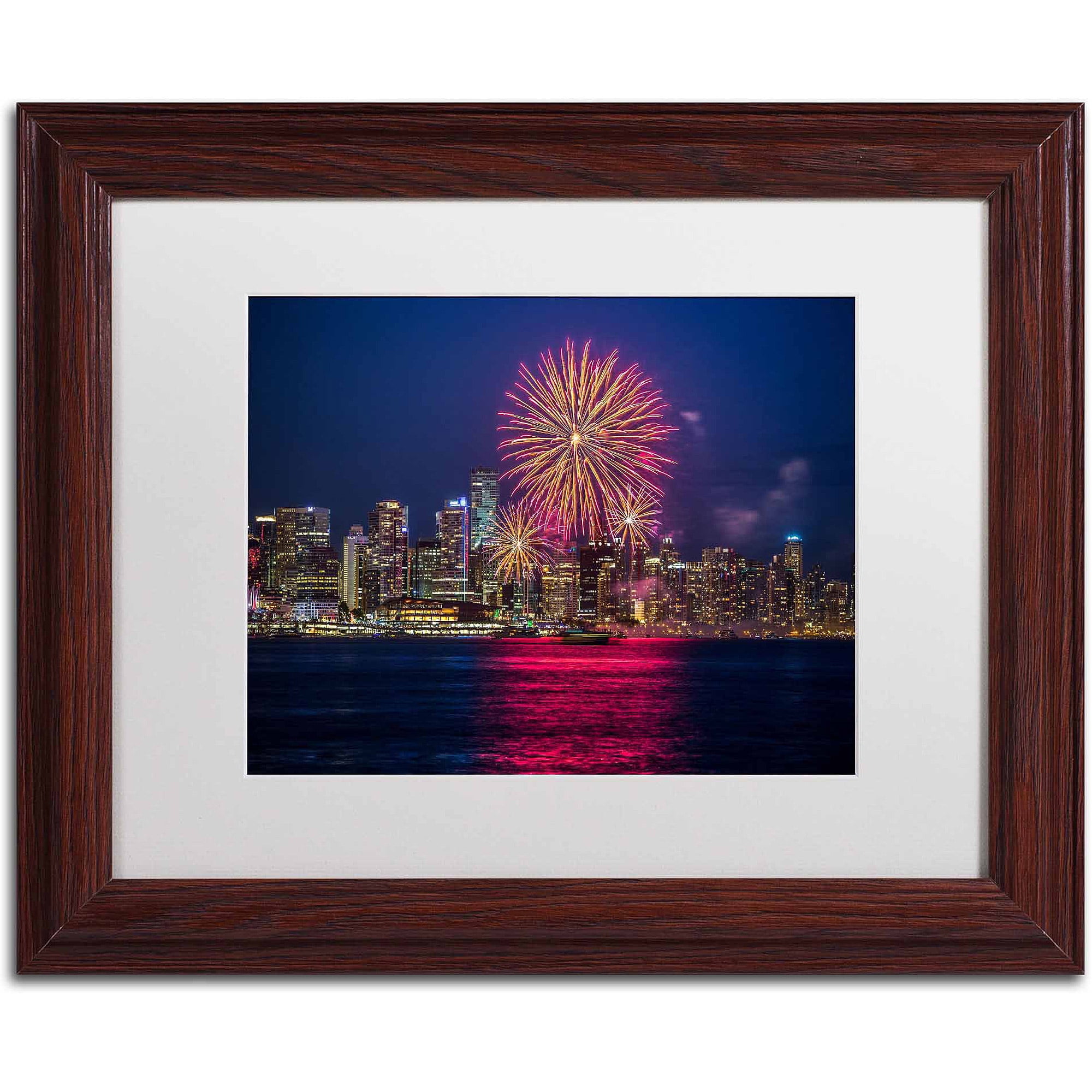 Trademark Fine Art "Vancouver Fireworks" Canvas Art by Pierre Leclerc, White Matte/Wood Frame