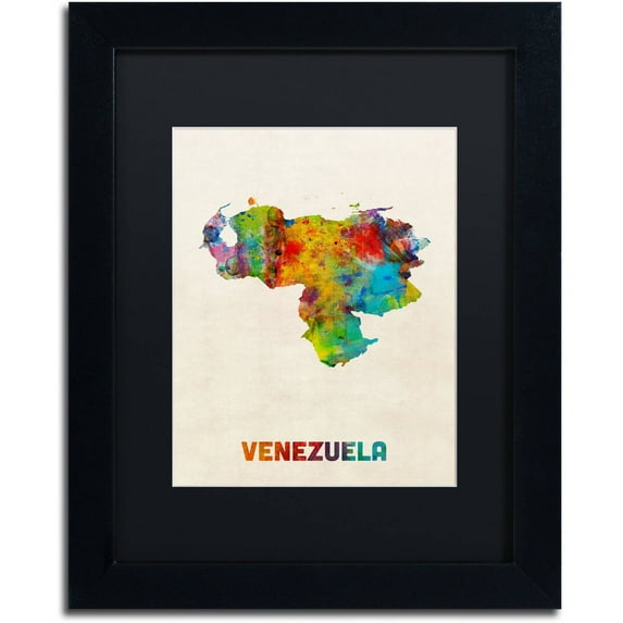 Trademark Fine Art "Venezuela Watercolor Map" Canvas Art by Michael Tompsett Black Matte, Black Frame
