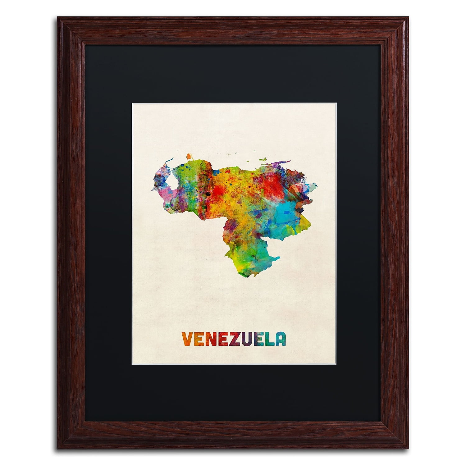 Trademark Fine Art "Venezuela Watercolor Map" Canvas Art by Michael Tompsett Black Matte, Wood Frame