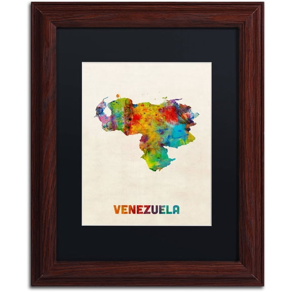 Trademark Fine Art "Venezuela Watercolor Map" Canvas Art by Michael Tompsett Black Matte, Wood Frame