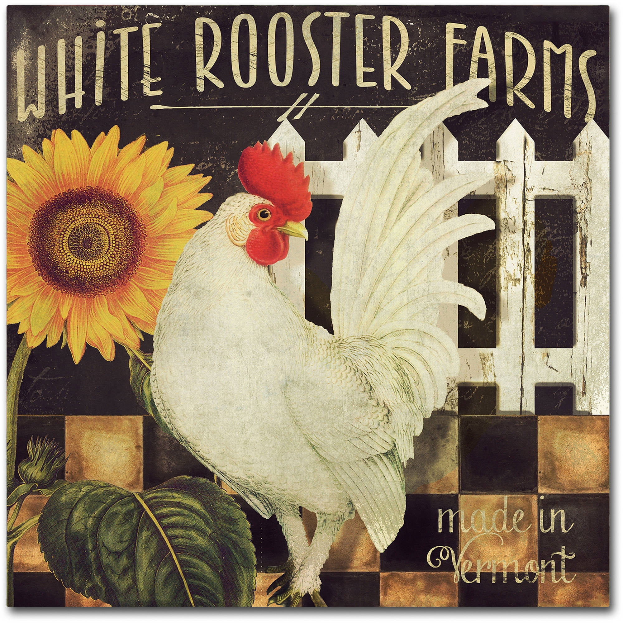 Vintage White Rooster Farms Canvas Art with Sunflowers