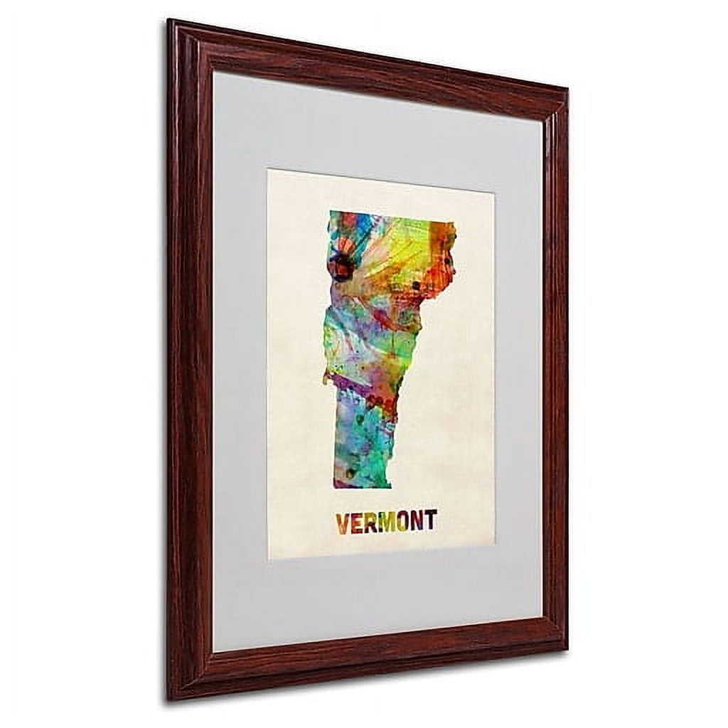 Colorful Vermont Map Framed Canvas Art in Brown Wood