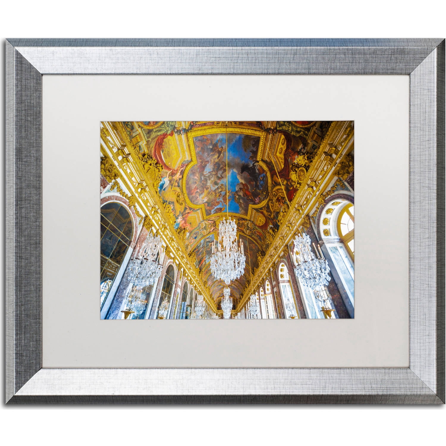 Trademark Fine Art "Versailles Hall Of Windows" Canvas Art by Yale Gurney, White Matte, Silver Frame