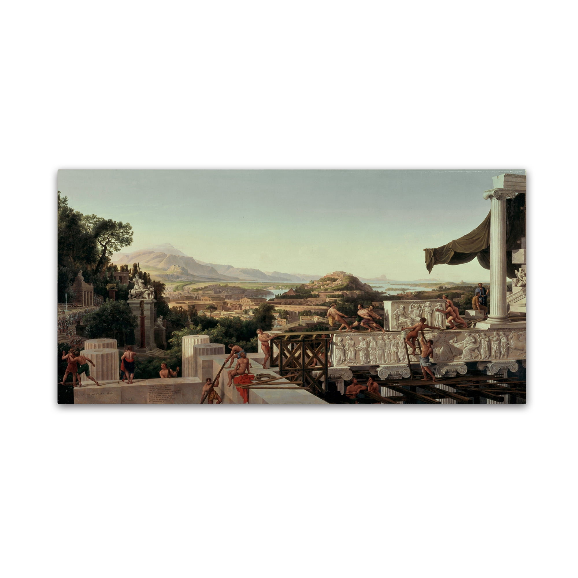 Large Beige and Green Canvas Art of Greek Cityscape