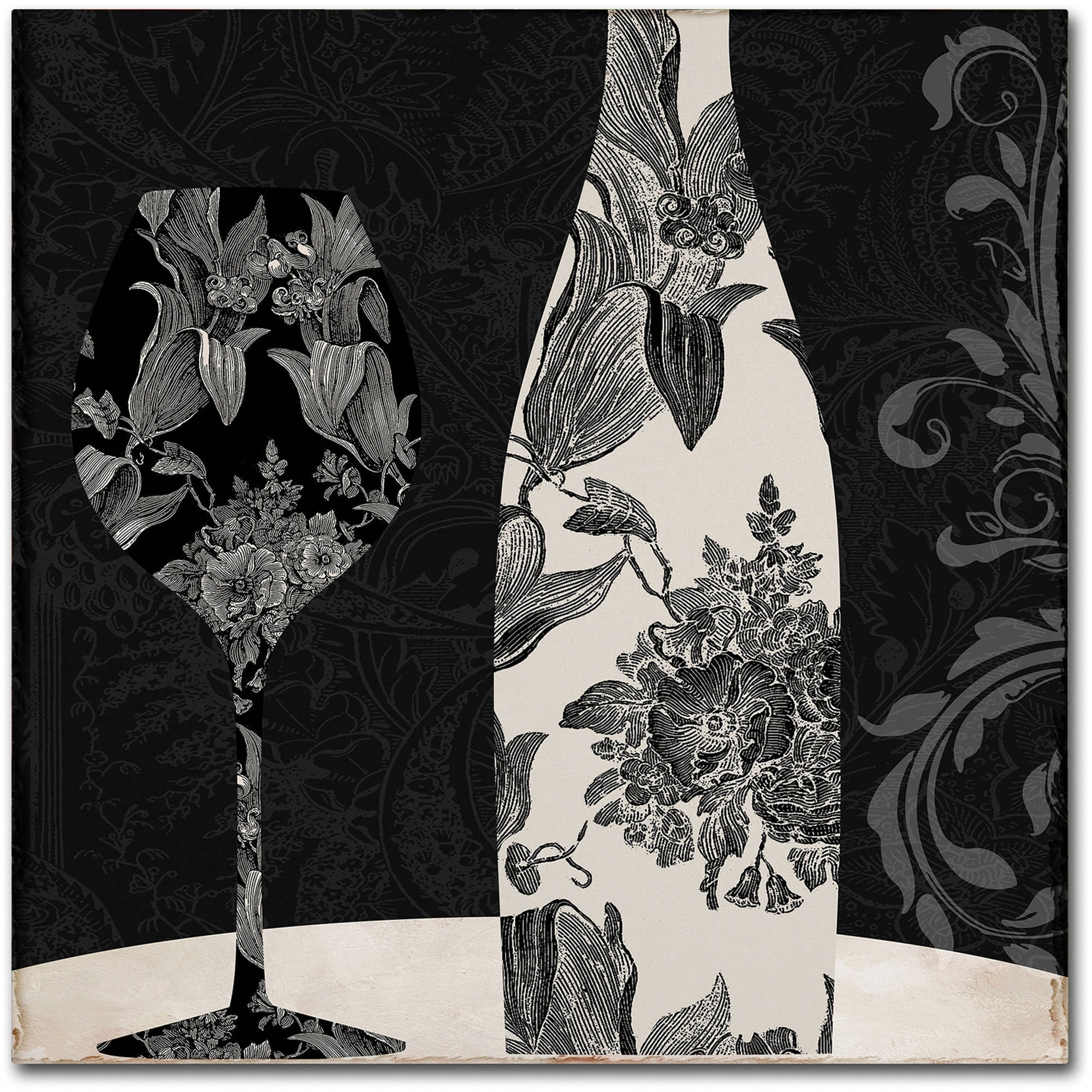 Elegant Black and White Floral Wine Canvas Art, 14x14