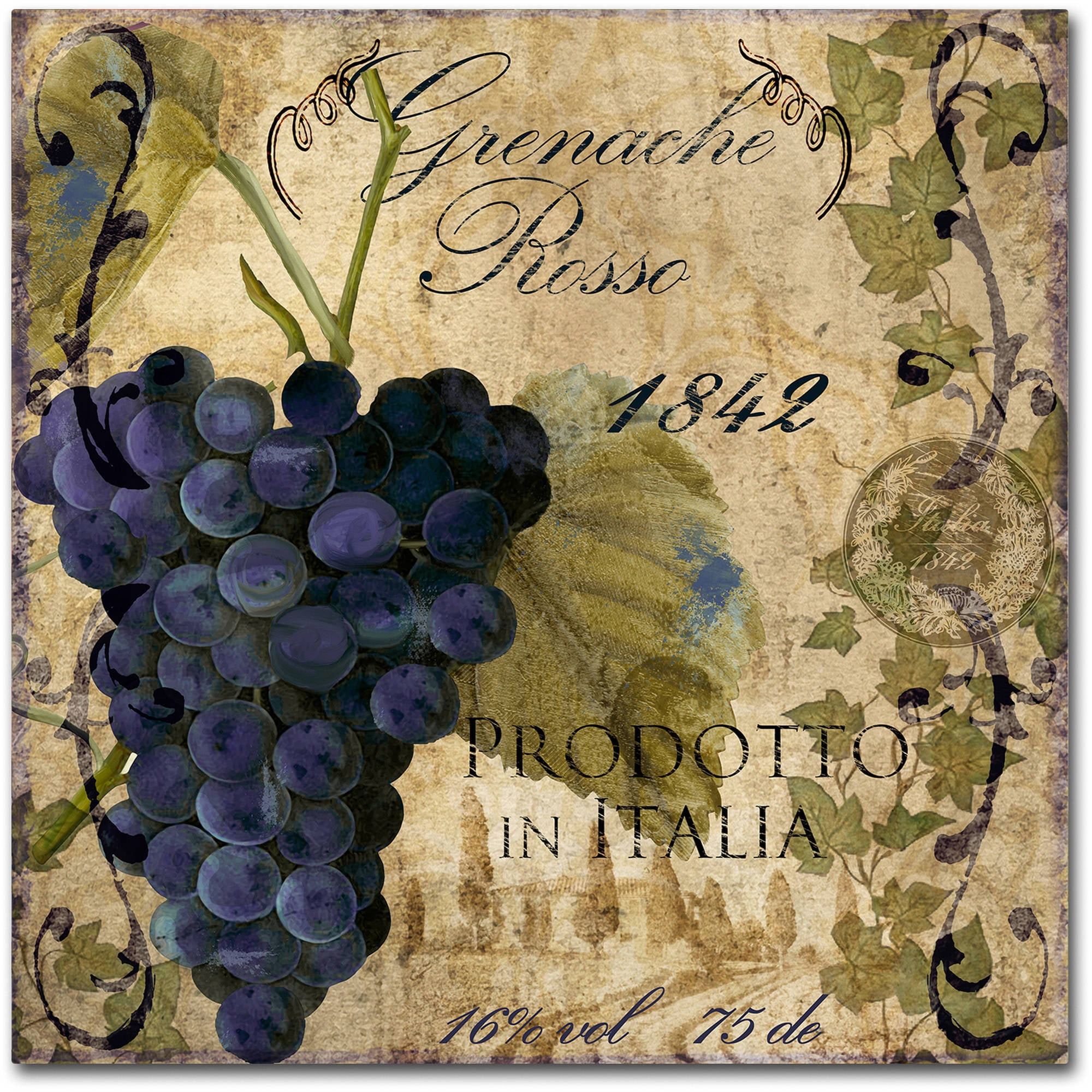 Vintage Wine Label Art on Canvas with Grapes, 14" x 14"