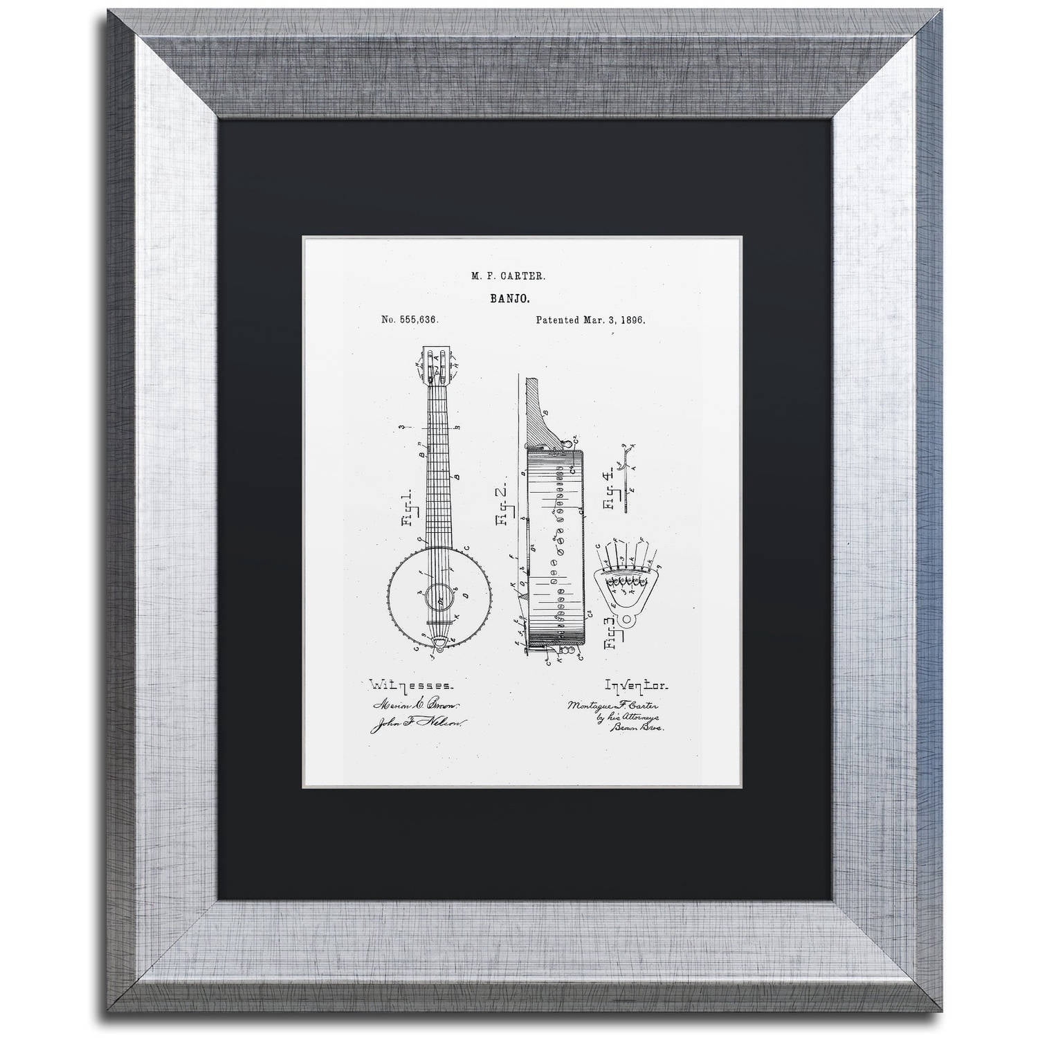 Trademark Fine Art "Vintage Banjo Patent 1896 White" Canvas Art by Claire Doherty Black Matte, Silver Frame