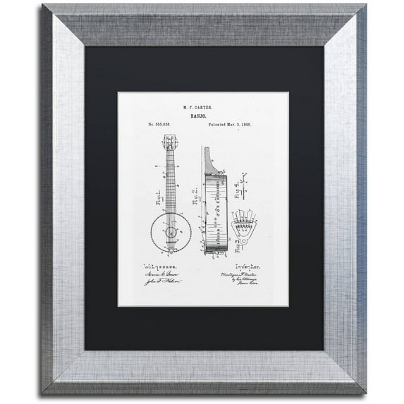 Trademark Fine Art "Vintage Banjo Patent 1896 White" Canvas Art by Claire Doherty Black Matte, Silver Frame