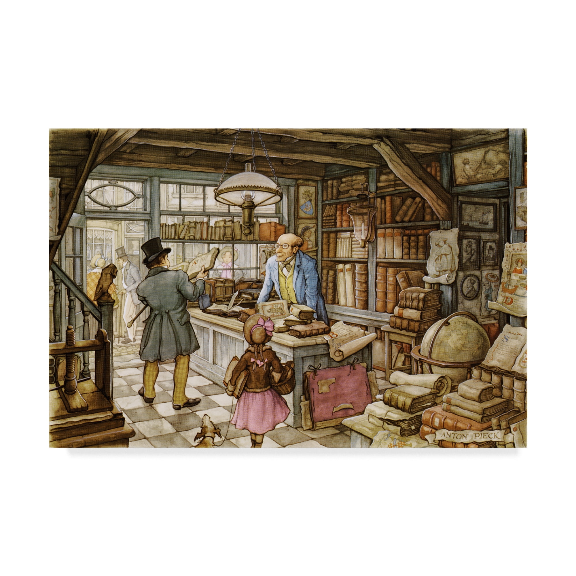 Anton Pieck Vintage Book Store Brown Wood Framed Canvas Art