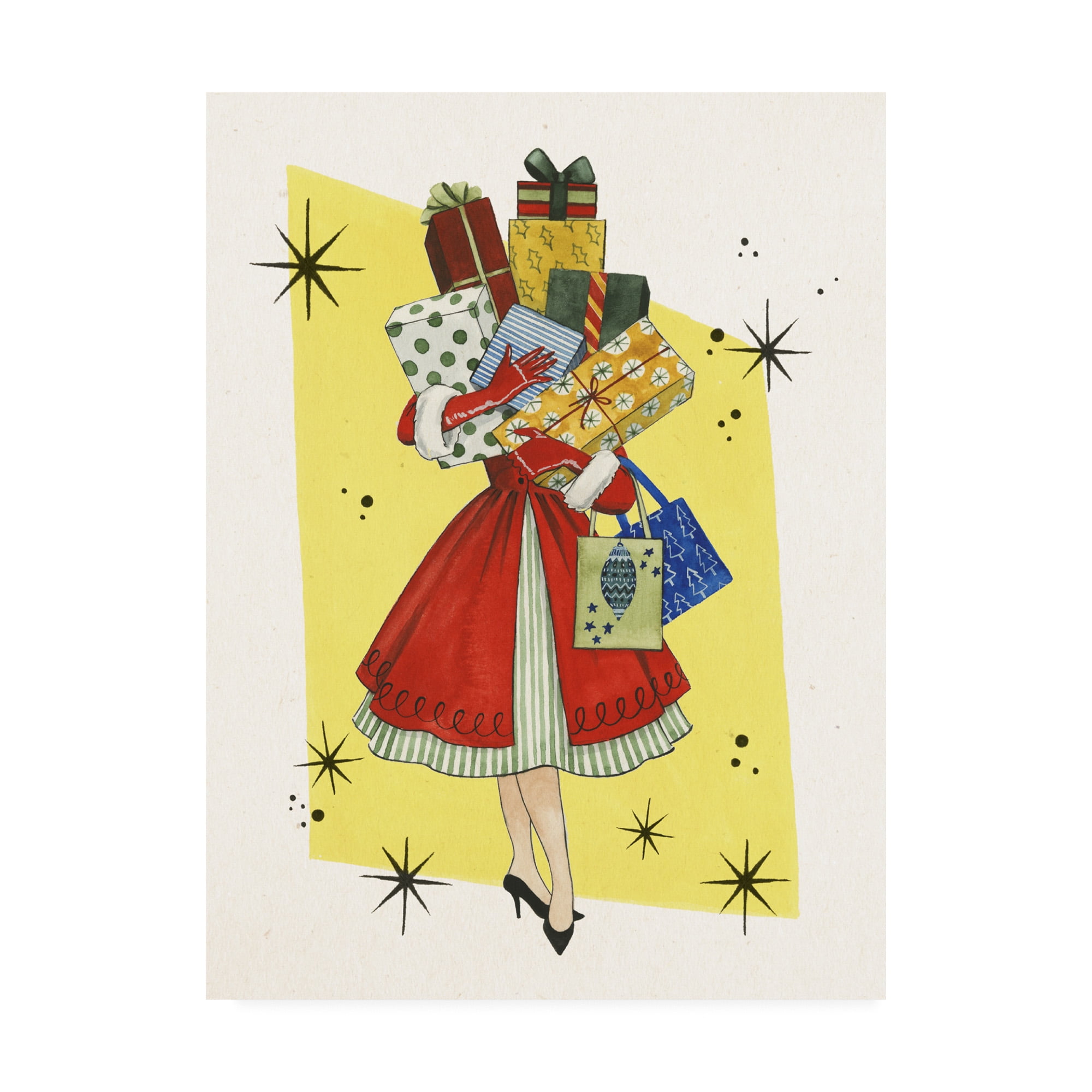 Vintage Christmas Woman with Presents Canvas Art, 14x19