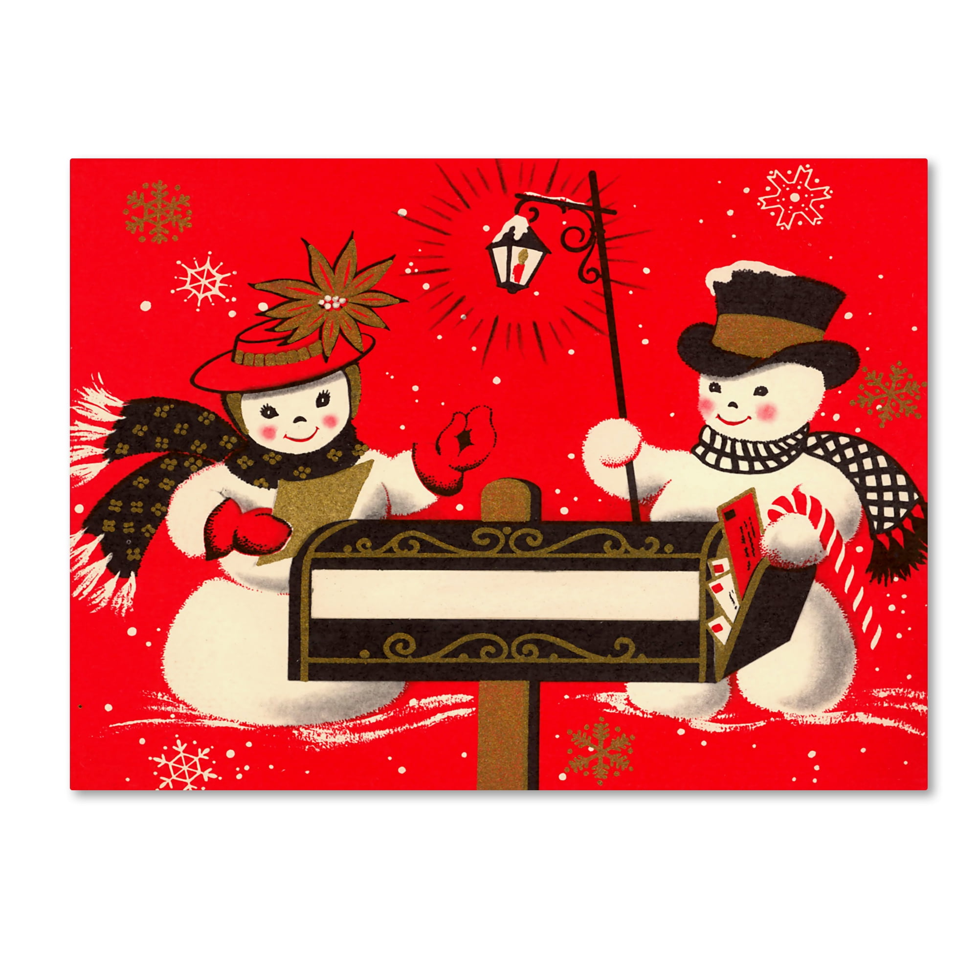 Vintage Christmas Snowmen Red Canvas Art Print