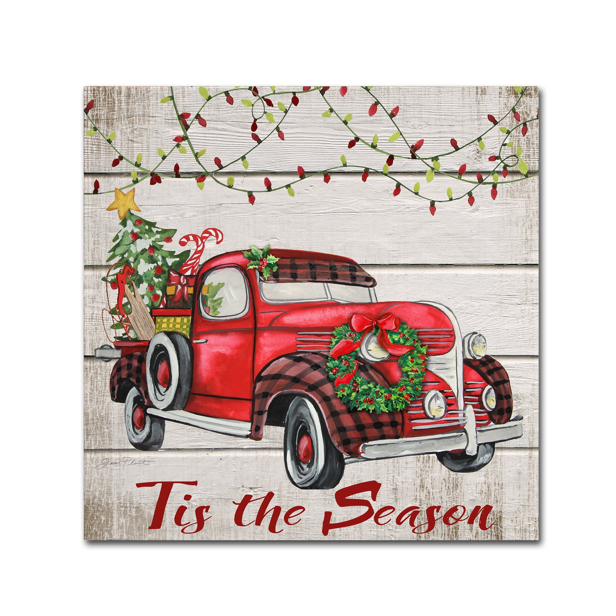 Vintage Red Christmas Truck Canvas Art with Garland Lights