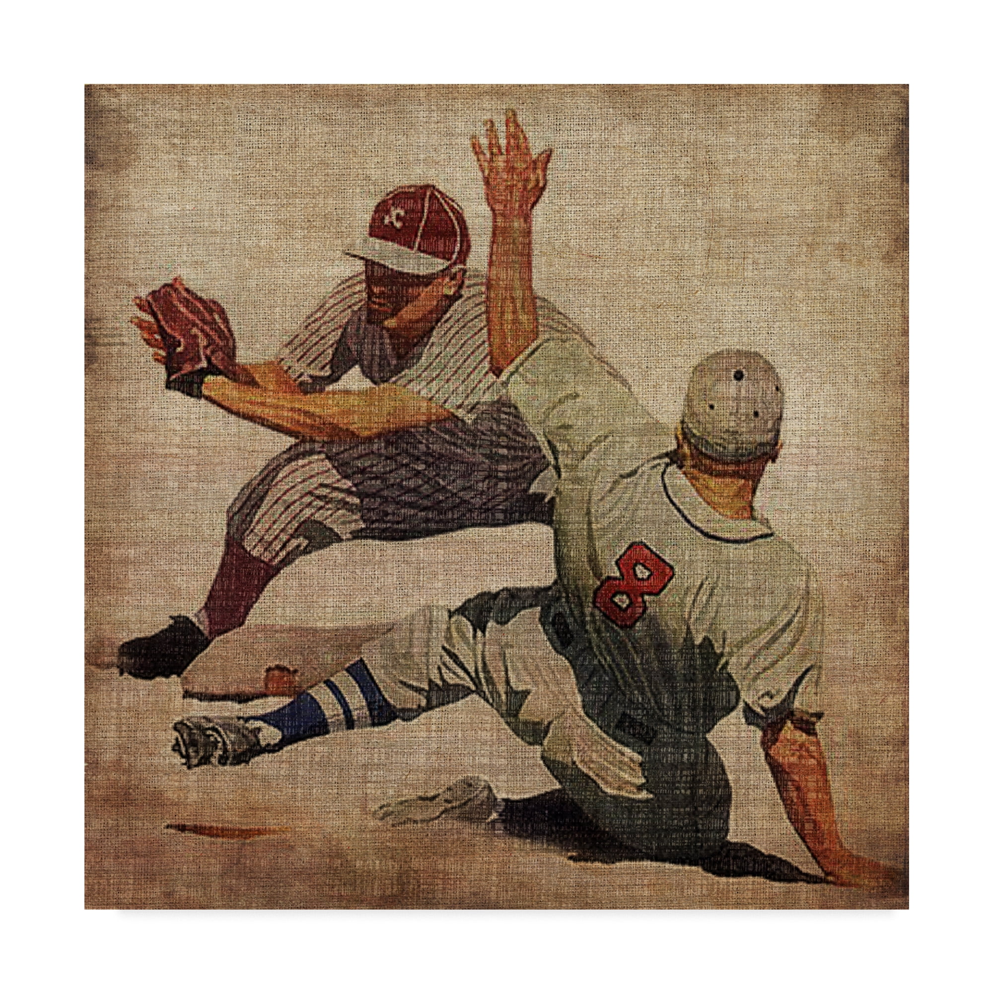 Vintage Sports Canvas Art with Baseball Players in Tan and Brown