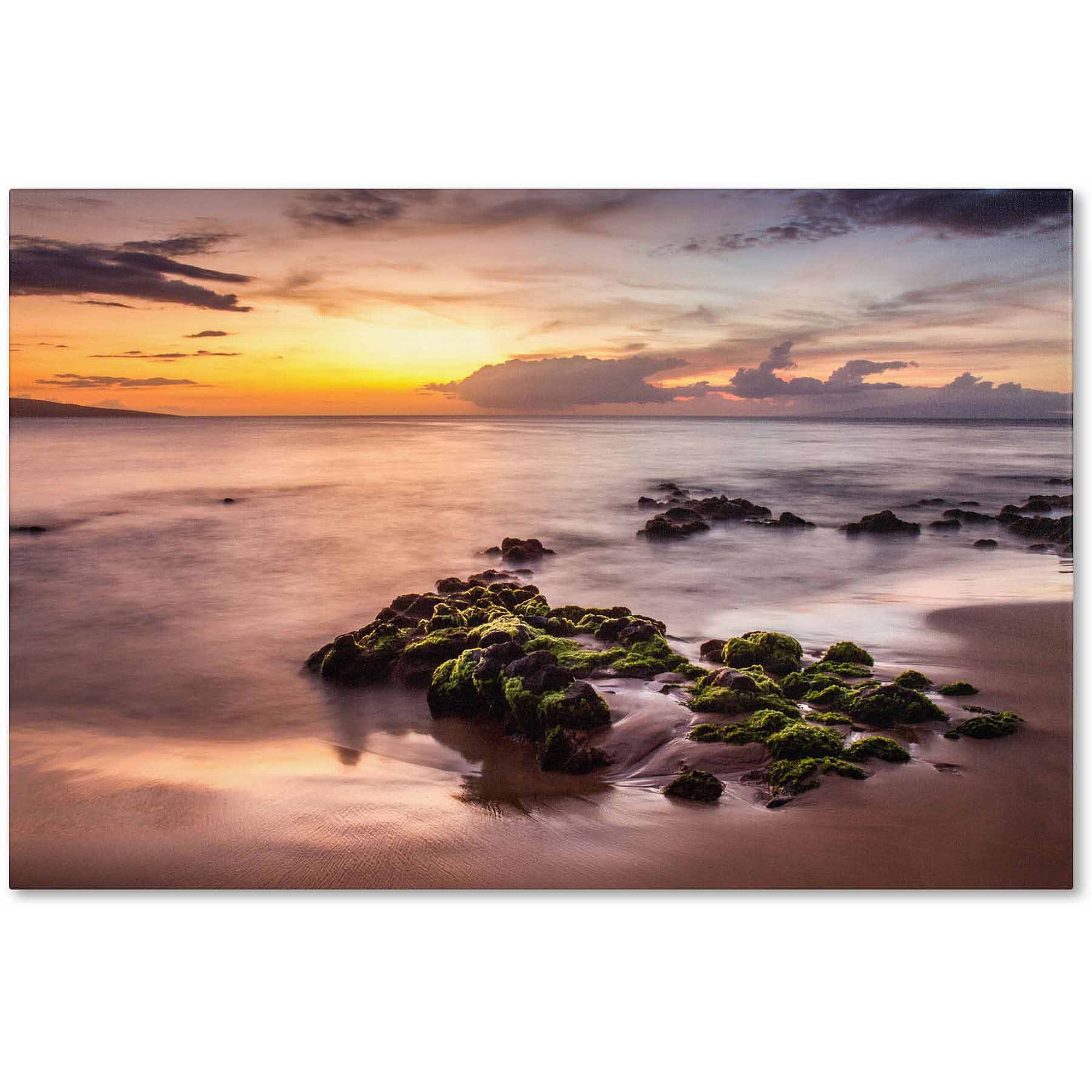 Wailea Sunset Coastal Landscape Canvas Art in Natural Wood Frame