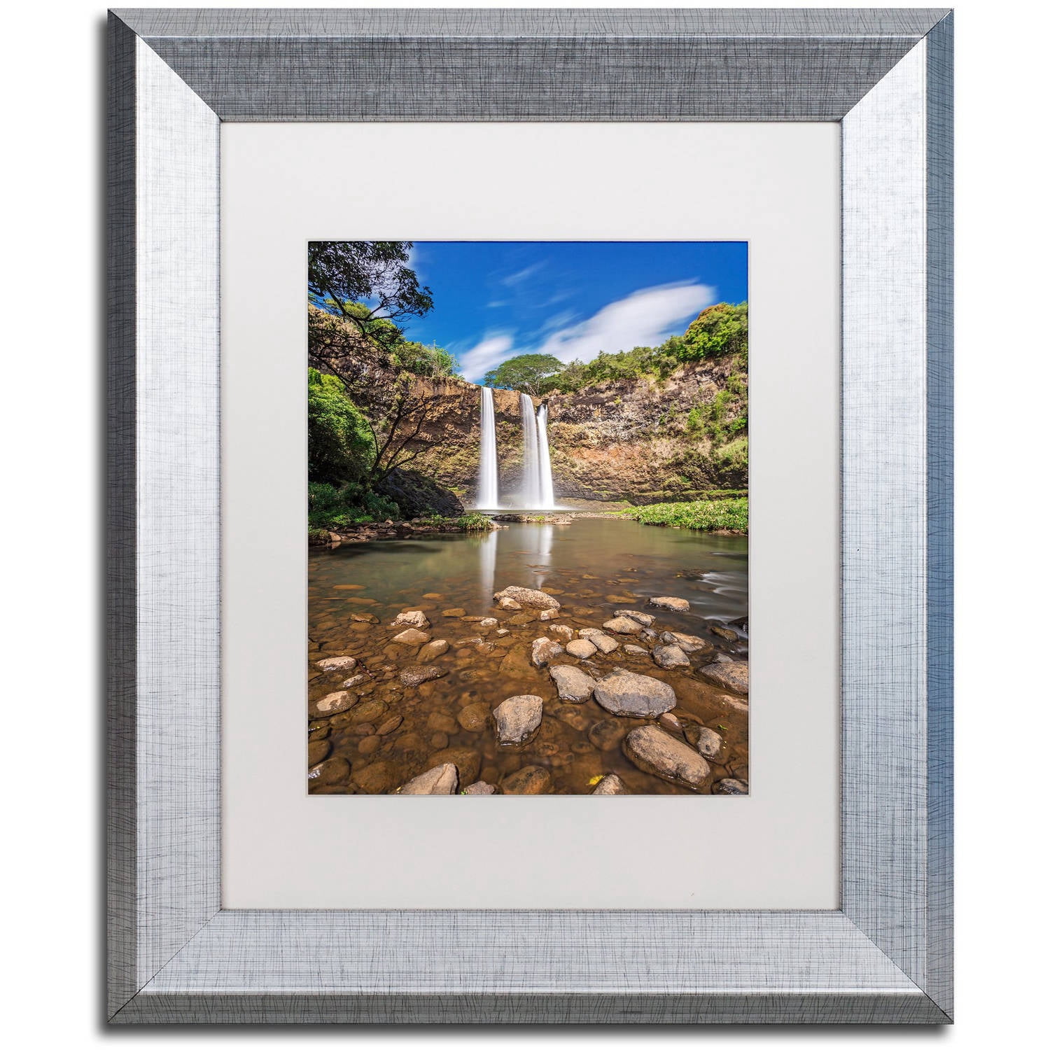Trademark Fine Art 'Wailua Falls' Canvas Art by Pierre Leclerc, White Matte, Silver Frame