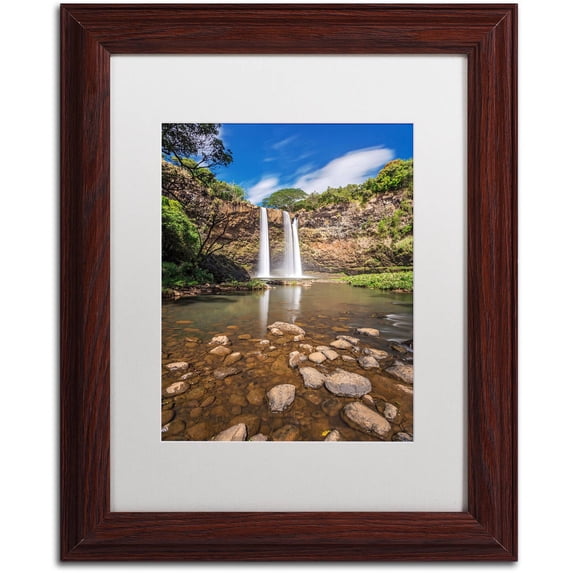 Trademark Fine Art 'Wailua Falls' Canvas Art by Pierre Leclerc, White Matte, Wood Frame