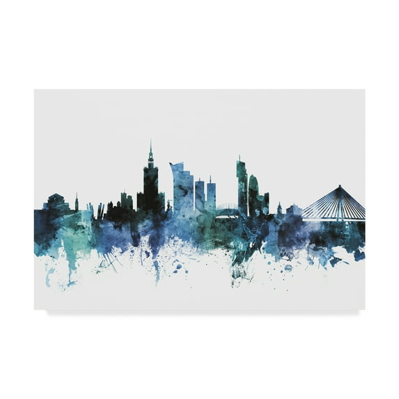 Trademark Fine Art 'Warsaw Poland Blue Teal Skyline' Canvas Art by Michael Tompsett