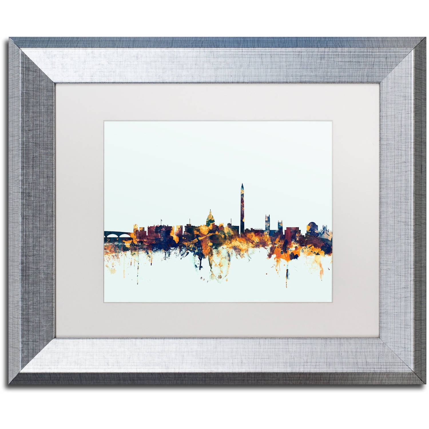 Trademark Fine Art "Washington DC Skyline Blue" Canvas Art by Michael Tompsett, White Matte, Silver Frame