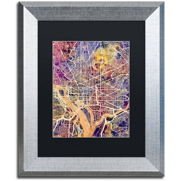 Trademark Fine Art "Washington DC Street Map 2" Canvas Art by Michael Tompsett, Black Matte, Silver Frame