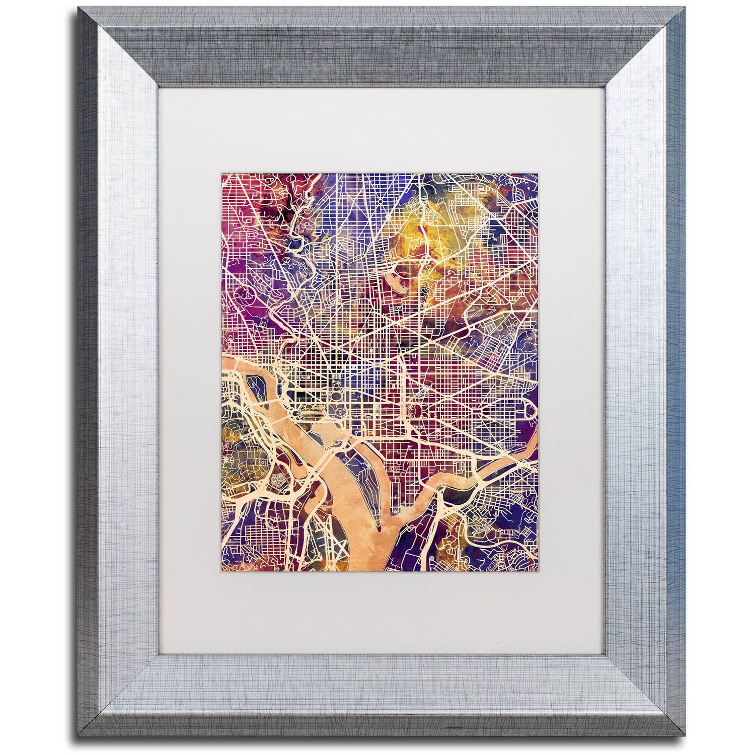 Trademark Fine Art "Washington DC Street Map 2" Canvas Art by Michael Tompsett, White Matte, Silver Frame
