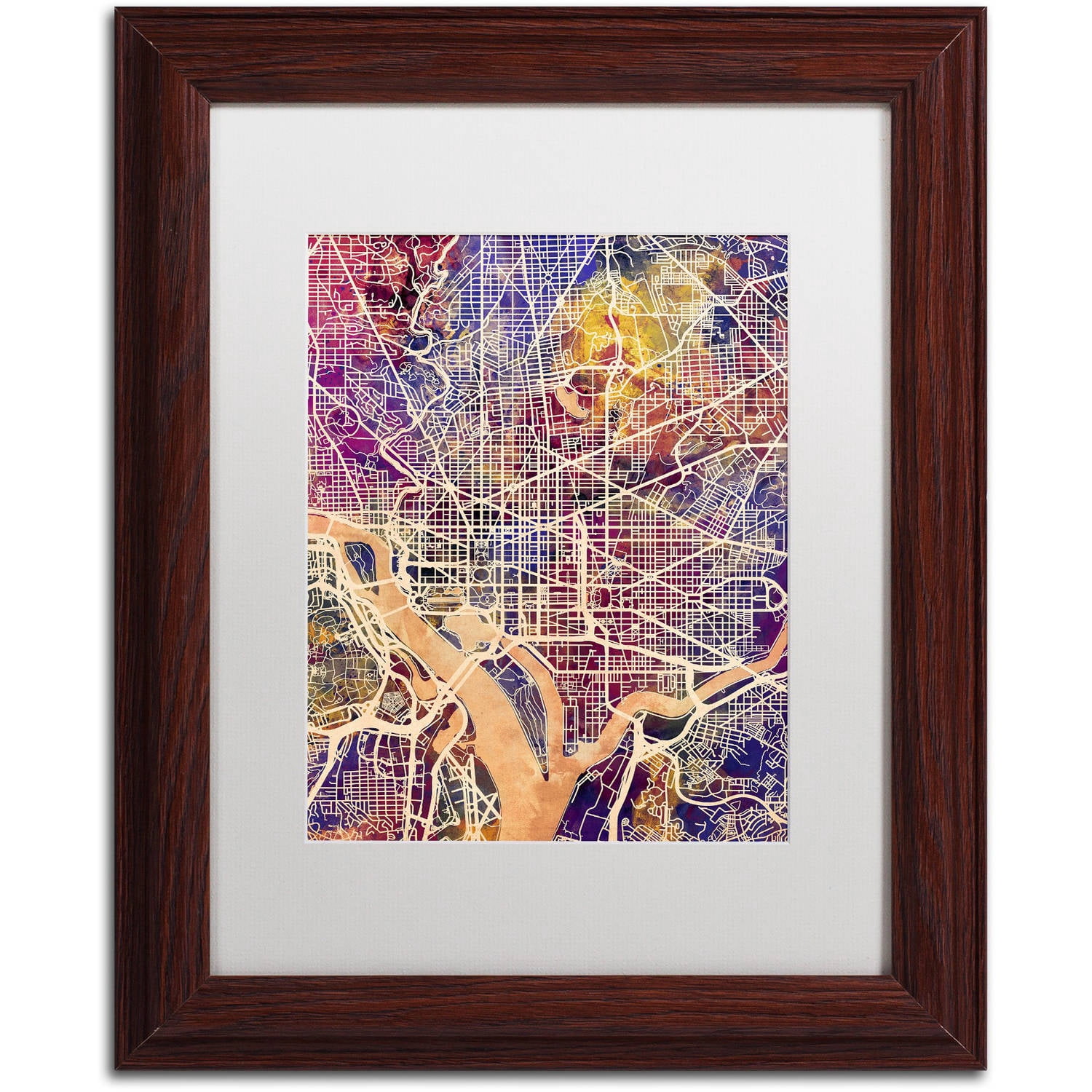 Trademark Fine Art "Washington DC Street Map 2" Canvas Art by Michael Tompsett, White Matte, Wood Frame