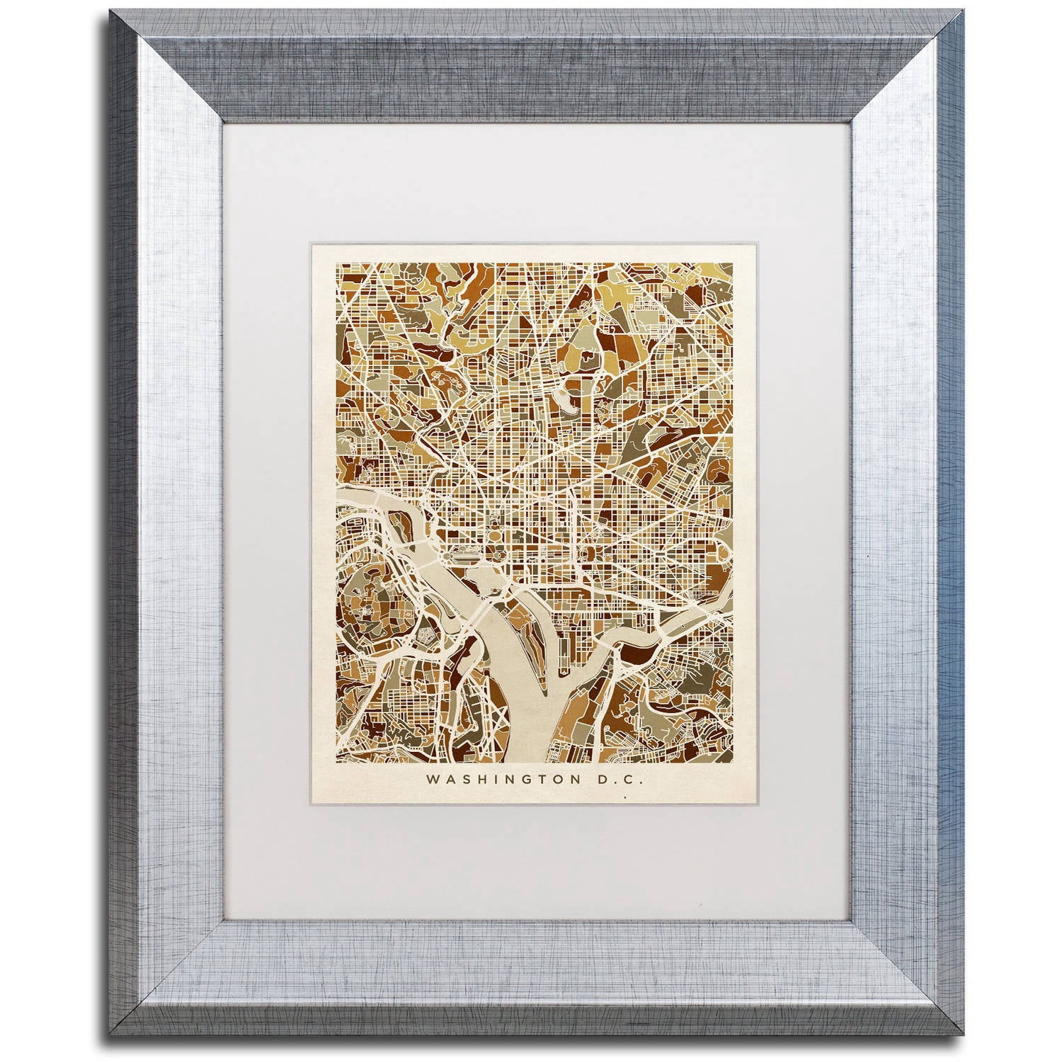 Trademark Fine Art "Washington DC Street Map 3" Canvas Art by Michael Tompsett, White Matte, Silver Frame