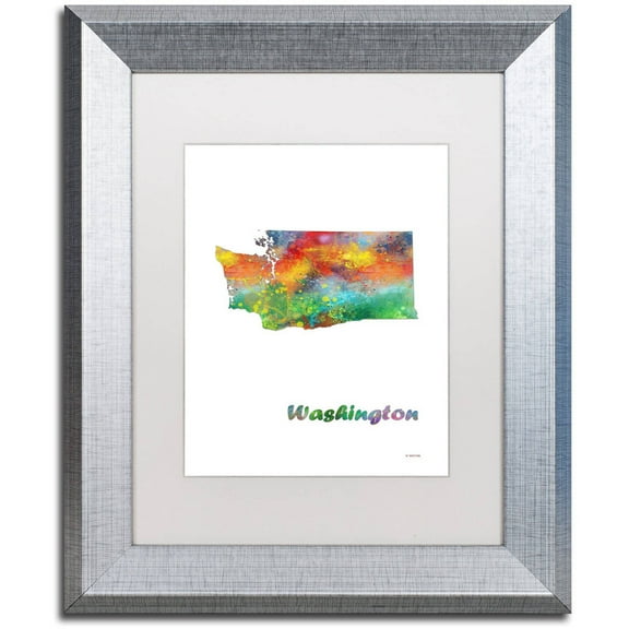Trademark Fine Art "Washington State Map-1" Canvas Art by Marlene Watson, White Matte, Silver Frame