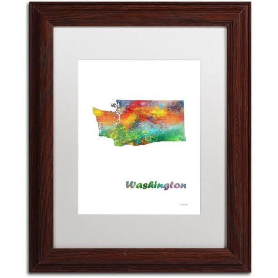 Trademark Fine Art "Washington State Map-1" Canvas Art by Marlene Watson, White Matte, Wood Frame