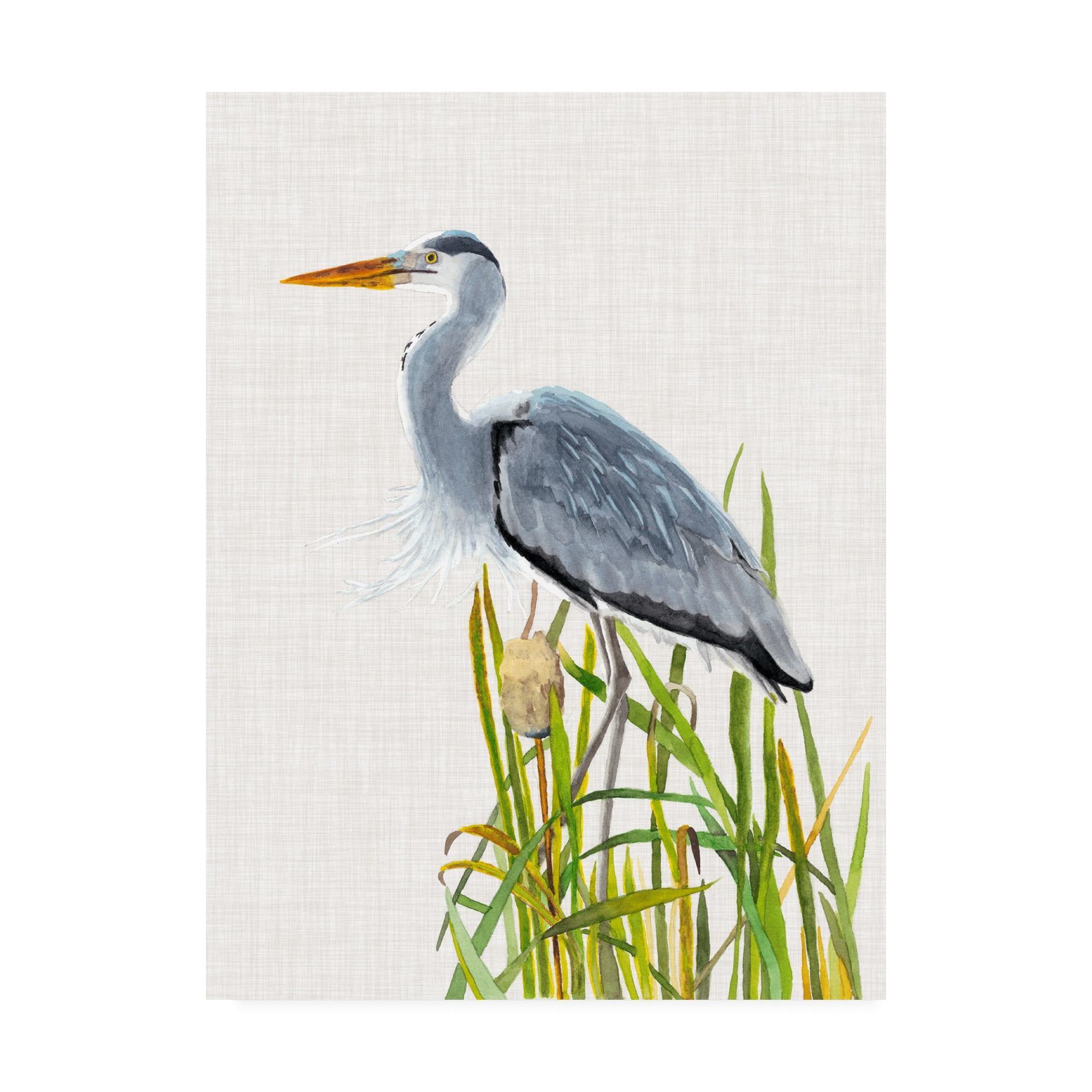 White Heron and Cattails Canvas Art in Blue and Green