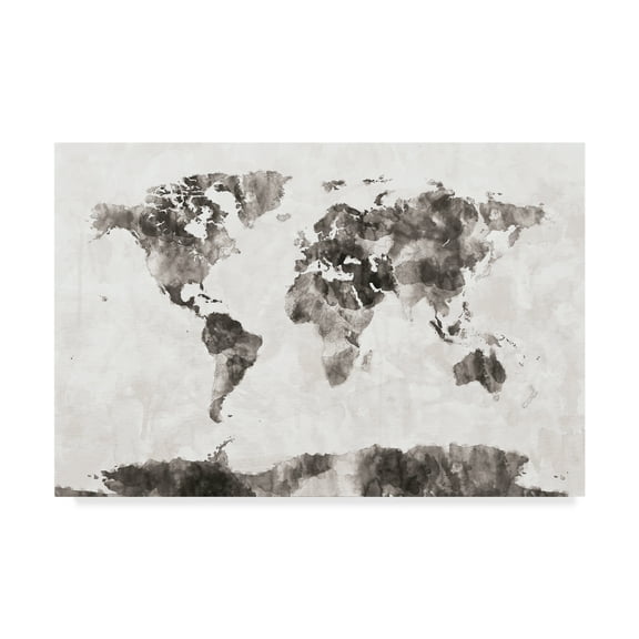 Trademark Fine Art 'Watercolor Map of the World Map Gray' Canvas Art by Michael Tompsett