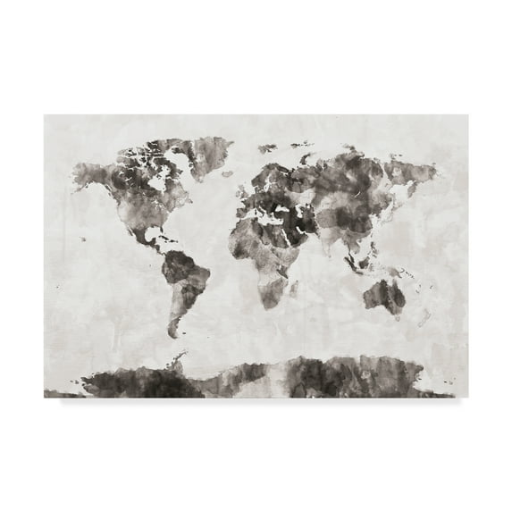 Trademark Fine Art 'Watercolor Map of the World Map Gray' Canvas Art by Michael Tompsett
