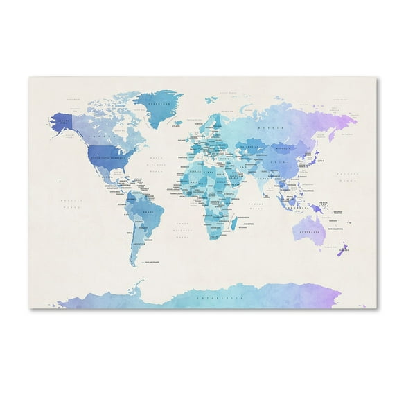 Trademark Fine Art "Watercolor Political Map of the World" Canvas Art by Michael Tompsett