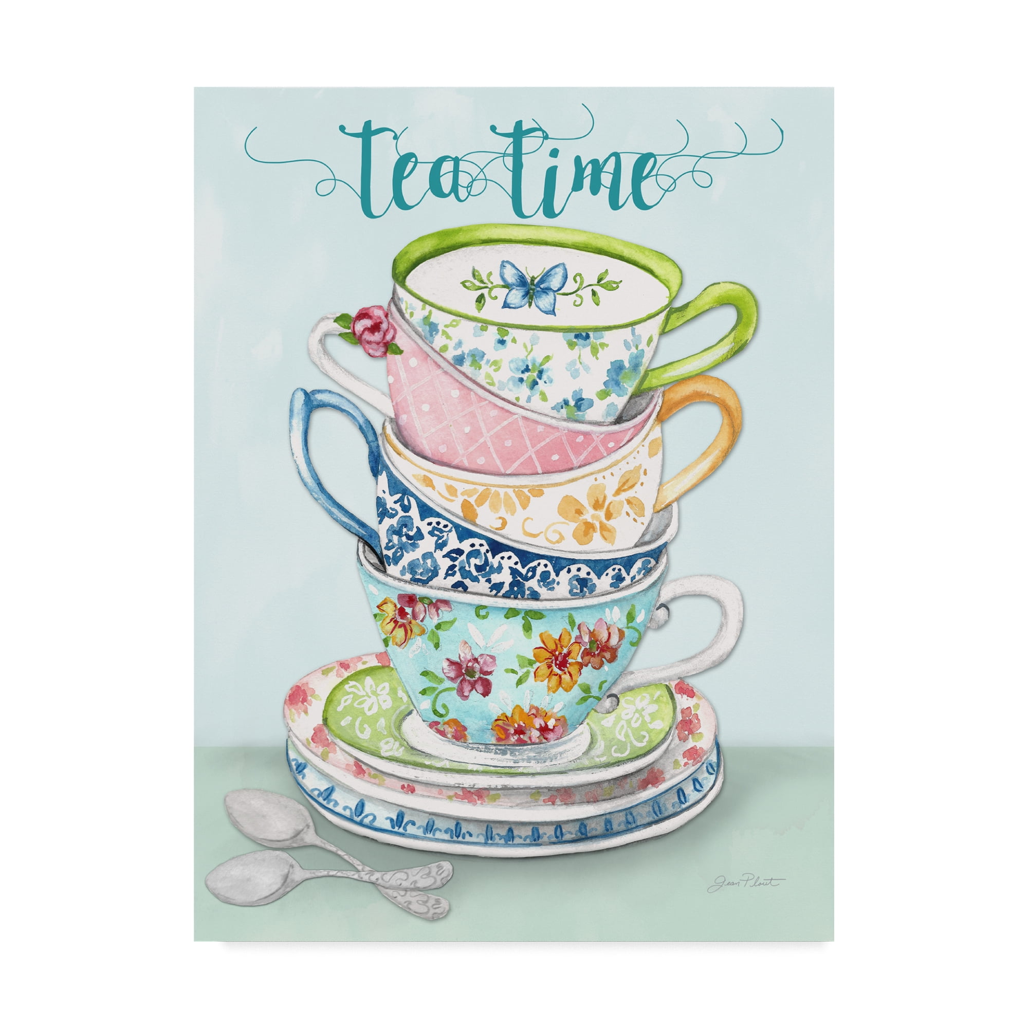 Colorful Watercolor Teacups Canvas Art in Modern Frame