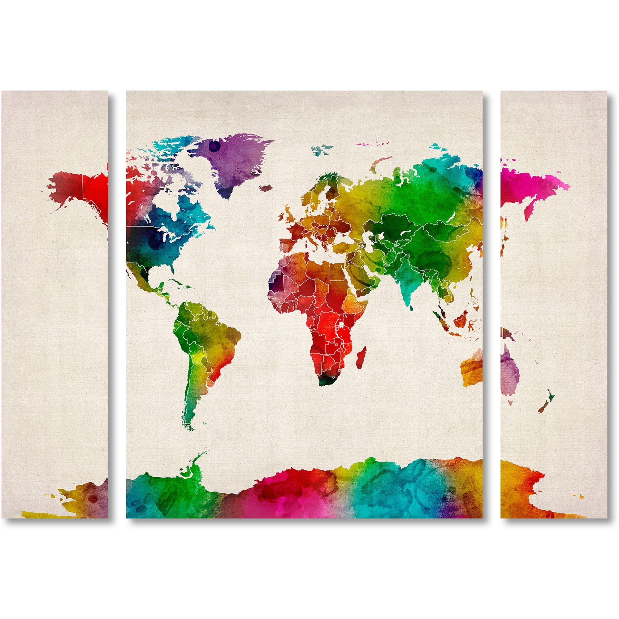 Trademark Fine Art "Watercolor World Map II" Canvas Art by Michael Tompsett Three Panel Set