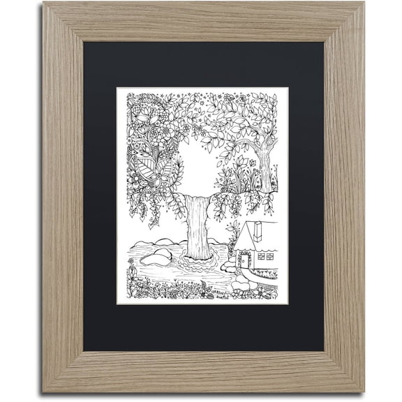 Trademark Fine Art "Waterfall Doodle" Canvas Art by KCDoodleArt Black Matte, Birch Frame