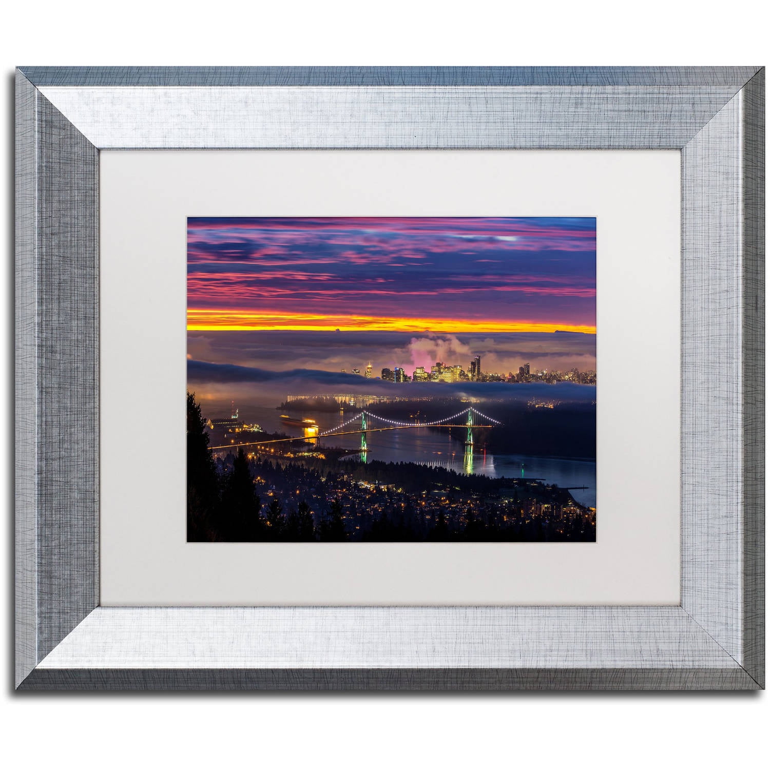 Trademark Fine Art 'West Vancouver Sunrise' Canvas Art by Pierre Leclerc, White Matte, Silver Frame