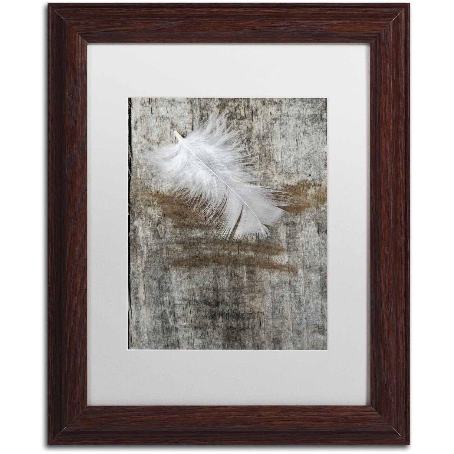Trademark Fine Art 'White Feather on Wood' Canvas Art by Cora Niele, White Matte, Wood Frame