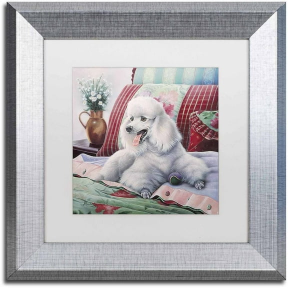 Trademark Fine Art 'White Poodle' Canvas Art by Jenny Newland, White Matte, Silver Frame